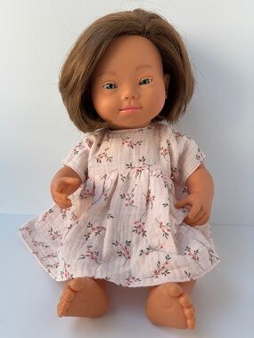 Miniland Doll 15'' Caucasian Brunette Girl with Down Syndrome in Muslin Dress